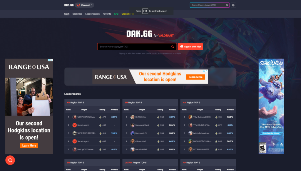 Recent screenshot of Dak.gg's homepage.