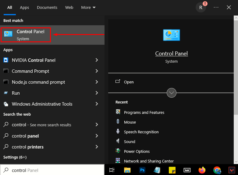 Start menu with control panel in the search bar.