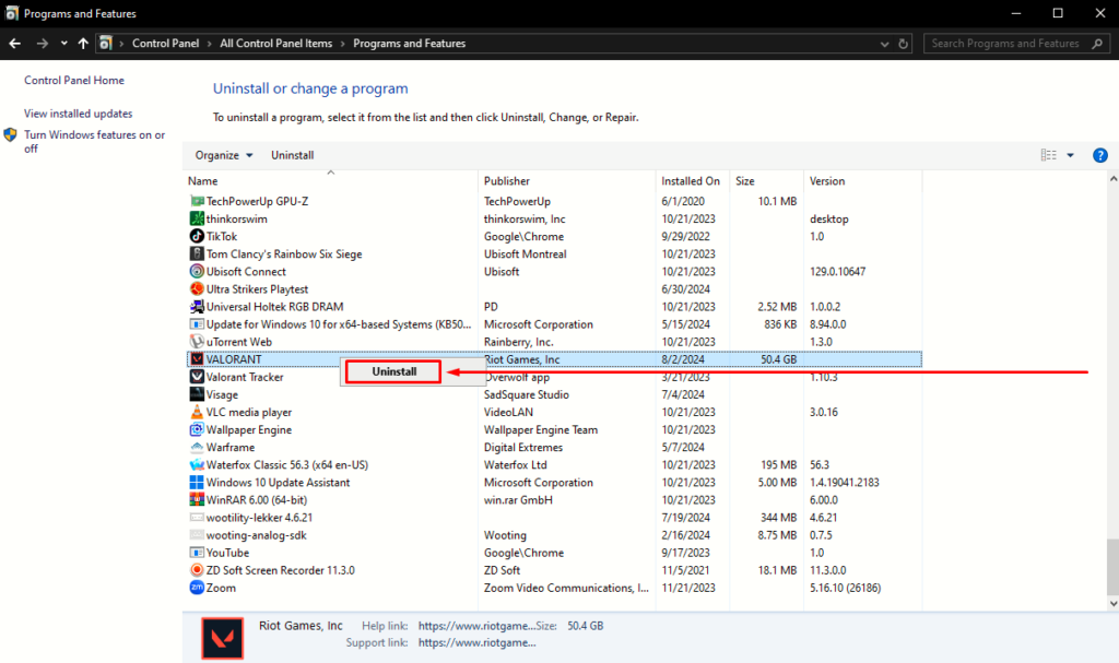 Programs and features uninstalling valorant on pc.
